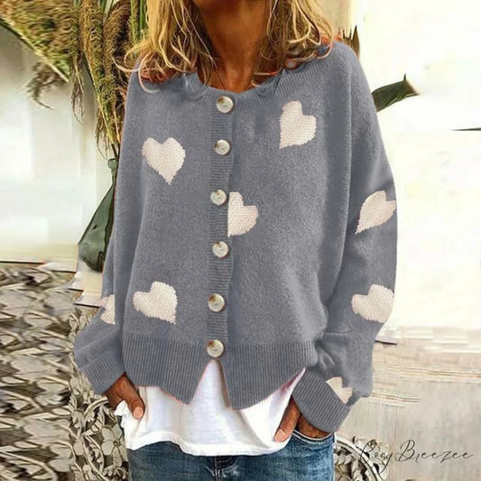 Heart Knitted Cardigan with Print Gray / S