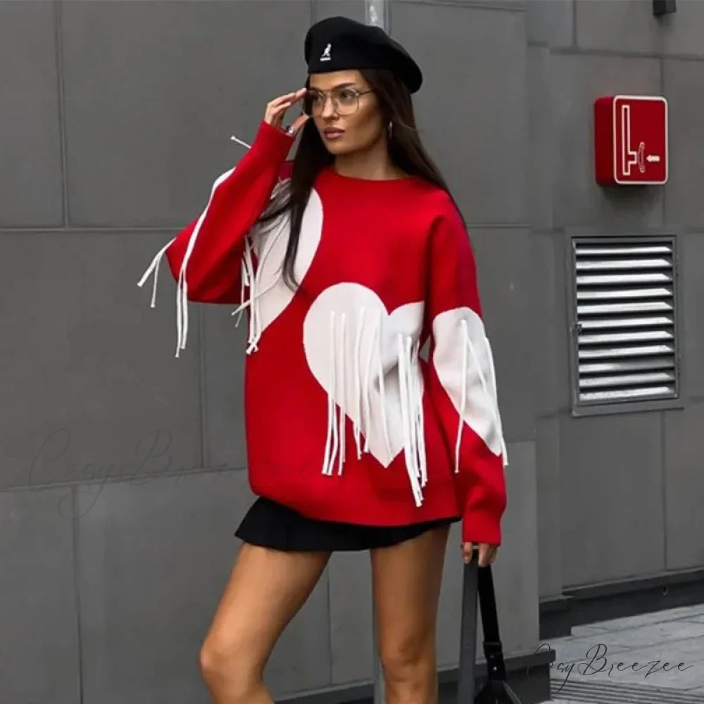Heart Print O-neck Long Sleeve Sweater swraters-241228