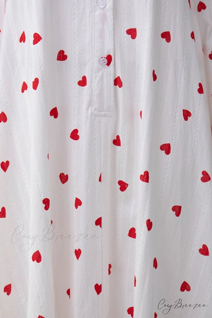 Heart Print Puff Sleeve Cotton Dress