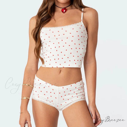 Heart Printed Kawaii Lace Trim Camis Micro Shorts Two Pieces Set twopiecesset-250126