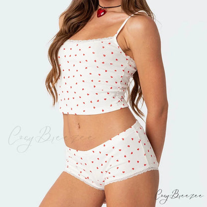 Heart Printed Kawaii Lace Trim Camis Micro Shorts Two Pieces Set twopiecesset-250126
