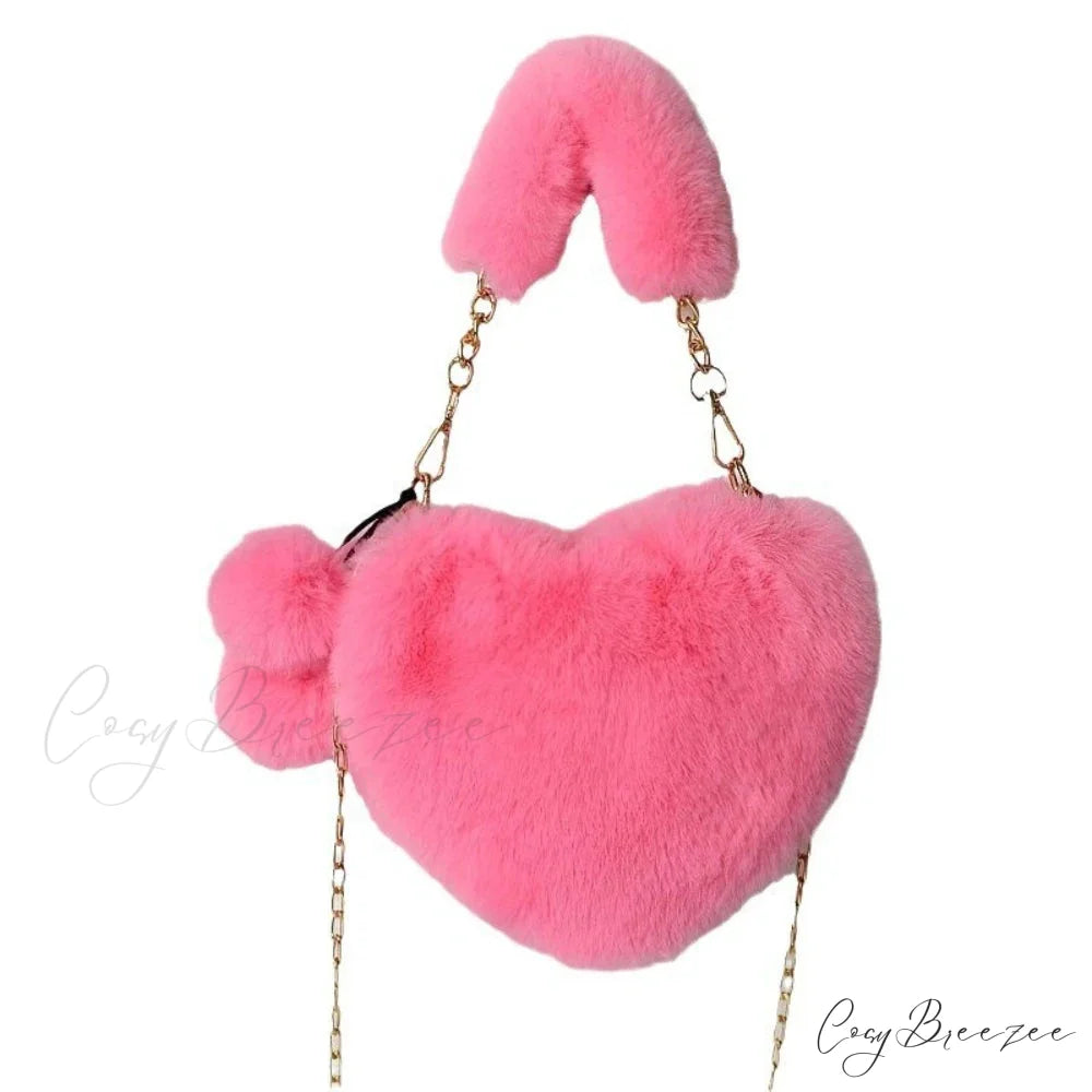 Heart-shaped Faux Fur Plush Small Crossbody Bag Bright pink handbag-250126