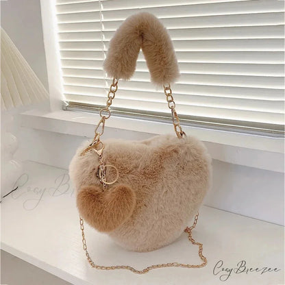 Heart-shaped Faux Fur Plush Small Crossbody Bag khaki handbag-250126