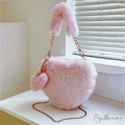 Heart-shaped Faux Fur Plush Small Crossbody Bag Pink handbag-250126