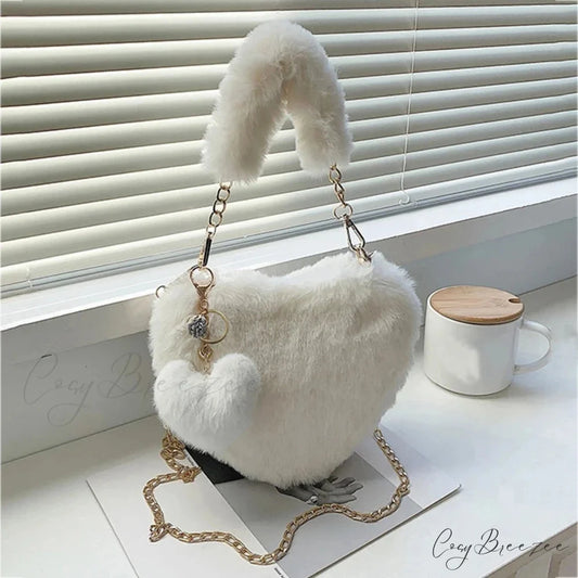 Heart-shaped Faux Fur Plush Small Crossbody Bag White handbag-250126