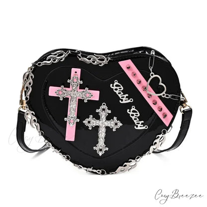 Heart-Shaped Leather Gothic Punk Crossbody Metal Decoration Shoulder Bag Black
