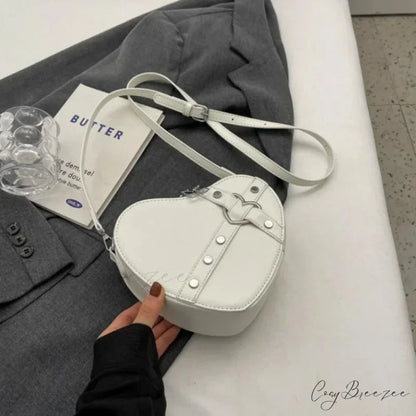Heart Shaped PU Leather Bag Beige shoulder-250126