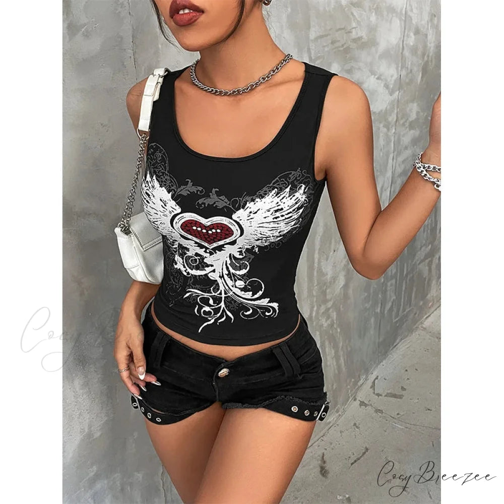 Heart & Wings Printed Gothic Dark Fairy Grunge Crop Top