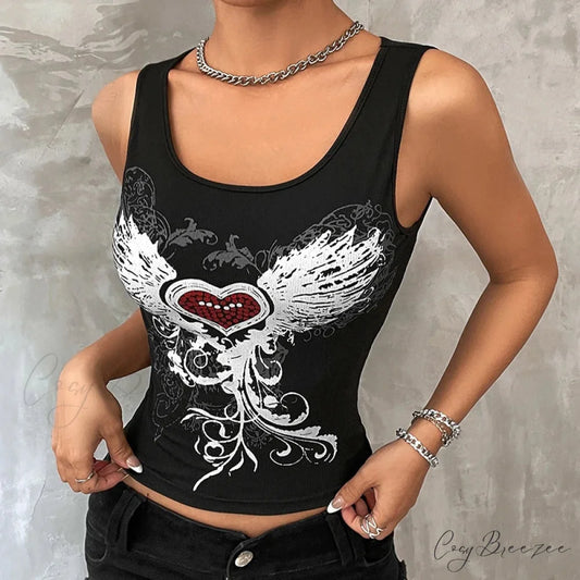 Heart & Wings Printed Gothic Dark Fairy Grunge Crop Top Black / S