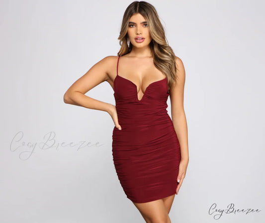 Hearts Racing Stylish Ruched Mini Dress BURGUNDY / XS