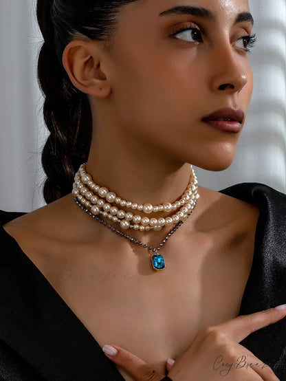 Heavy Layered Cross Imitation Pearl Elegant Necklace GOLD