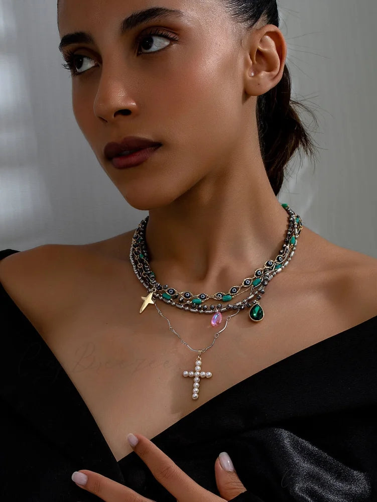 Heavy Layered Cross Imitation Pearl Elegant Necklace GREEN