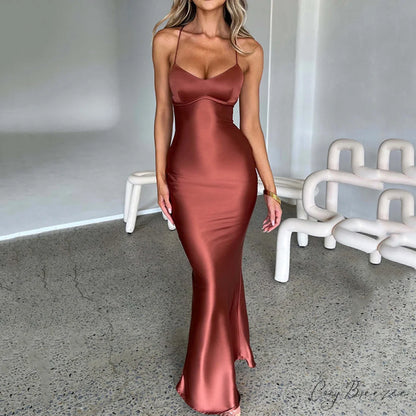 Heidi Formal Stylish Satin Lattice Dress Brown / S