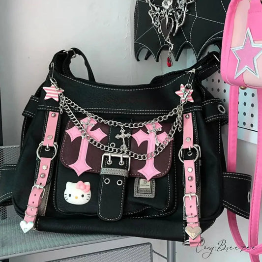 Hello Kitty Gothic Punk Vintage Pink High Capacity Trend Crossbody Bag hello kitty / 32x11x26cm