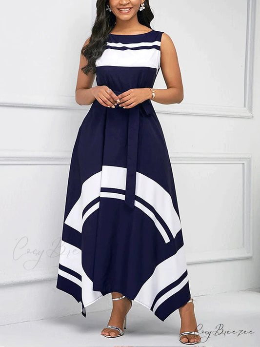 Hem Mesh Graceful Stitching Dress Navy Blue / S