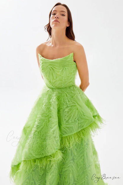 Henri Strapless Graceful Feather Trimmed Gown