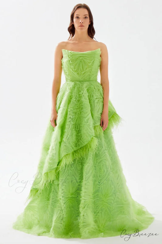 Henri Strapless Graceful Feather Trimmed Gown Lime Green / 2