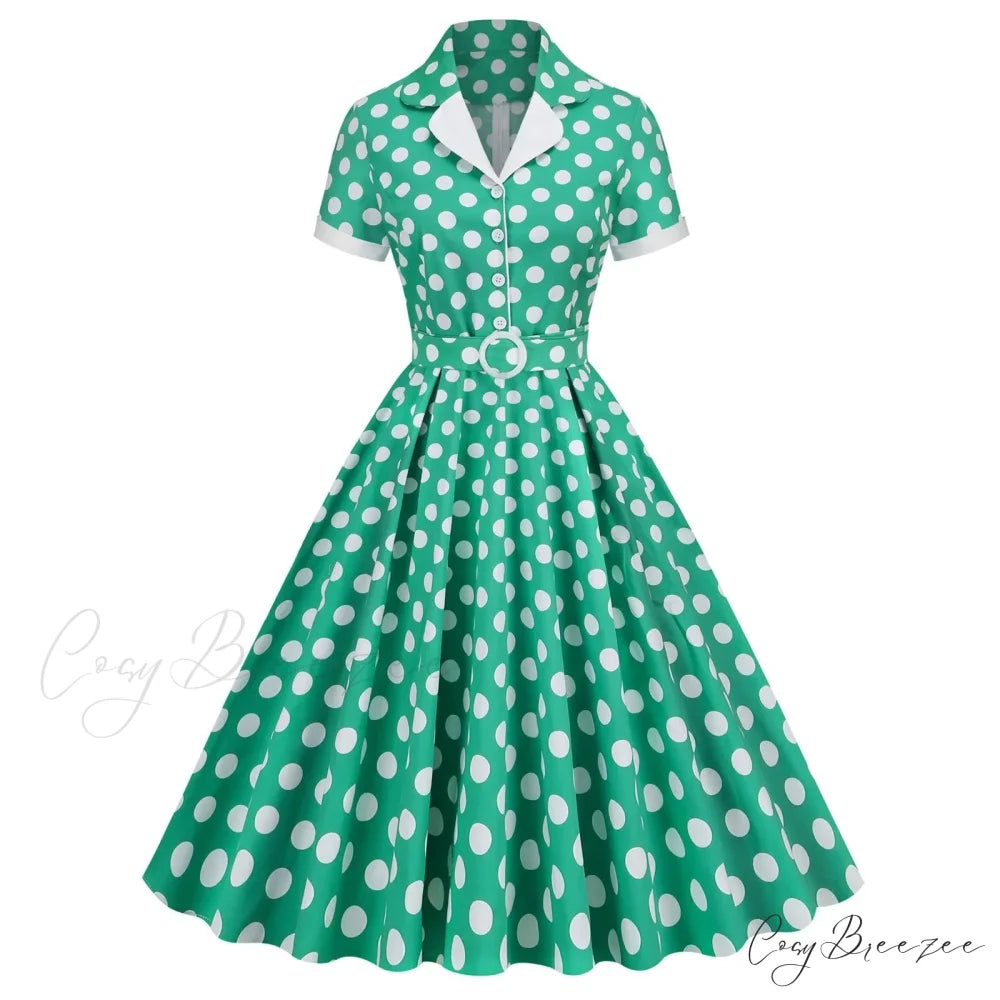 Hepburn Retro Flare Polka Dot Vintage Swing Robe Short Sleeve A Line Sun With Bow Birthday Elegant Tea Dress Green / S