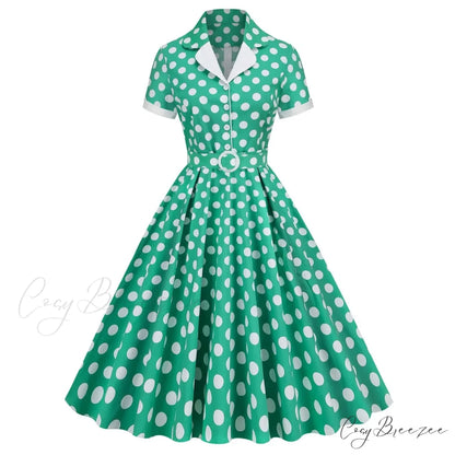 Hepburn Retro Flare Polka Dot Vintage Swing Robe Short Sleeve A Line Sun With Bow Birthday Elegant Tea Dress Green / S