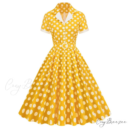 Hepburn Retro Flare Polka Dot Vintage Swing Robe Short Sleeve A Line Sun With Bow Birthday Elegant Tea Dress Yellow / S