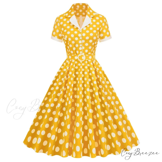 Hepburn Retro Flare Polka Dot Vintage Swing Robe Short Sleeve A Line Sun With Bow Birthday Elegant Tea Dress Yellow / S