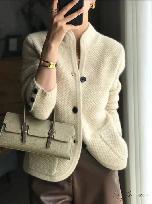 High-end Cashmere Wool Long Sleeve Half Collar Cardigan Beige / S