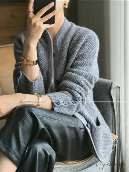 High-end Cashmere Wool Long Sleeve Half Collar Cardigan GRAY / S