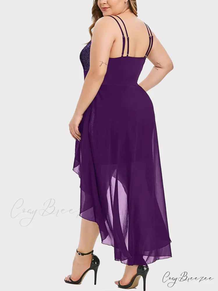High Low Mesh Panel Ruffle Hem Sophisticated Long Sleeve Velvet Mini Dress - Purple