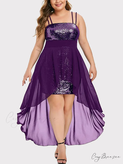 High Low Mesh Panel Ruffle Hem Sophisticated Long Sleeve Velvet Mini Dress - Purple Purple / L