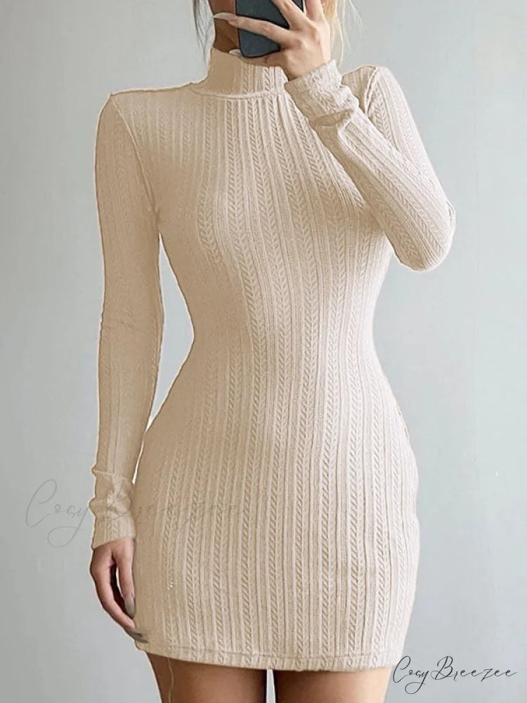 High Neck Long Sleeve Floral Lace Sophisticated Panel Trim Mini Dress - Black