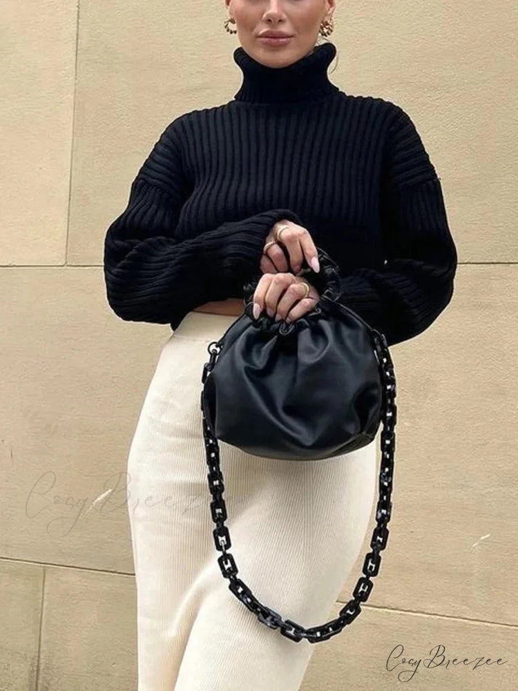 High Neck Ribbed Cropped Sweater Black / S swraters-241228