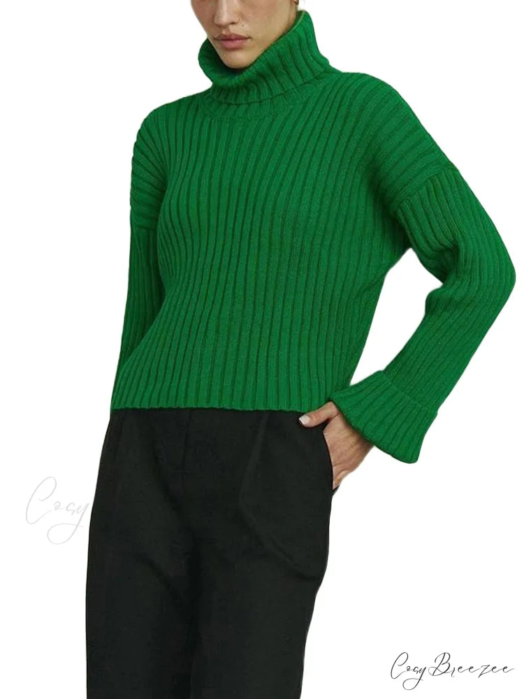 High Neck Ribbed Cropped Sweater Green / S swraters-241228