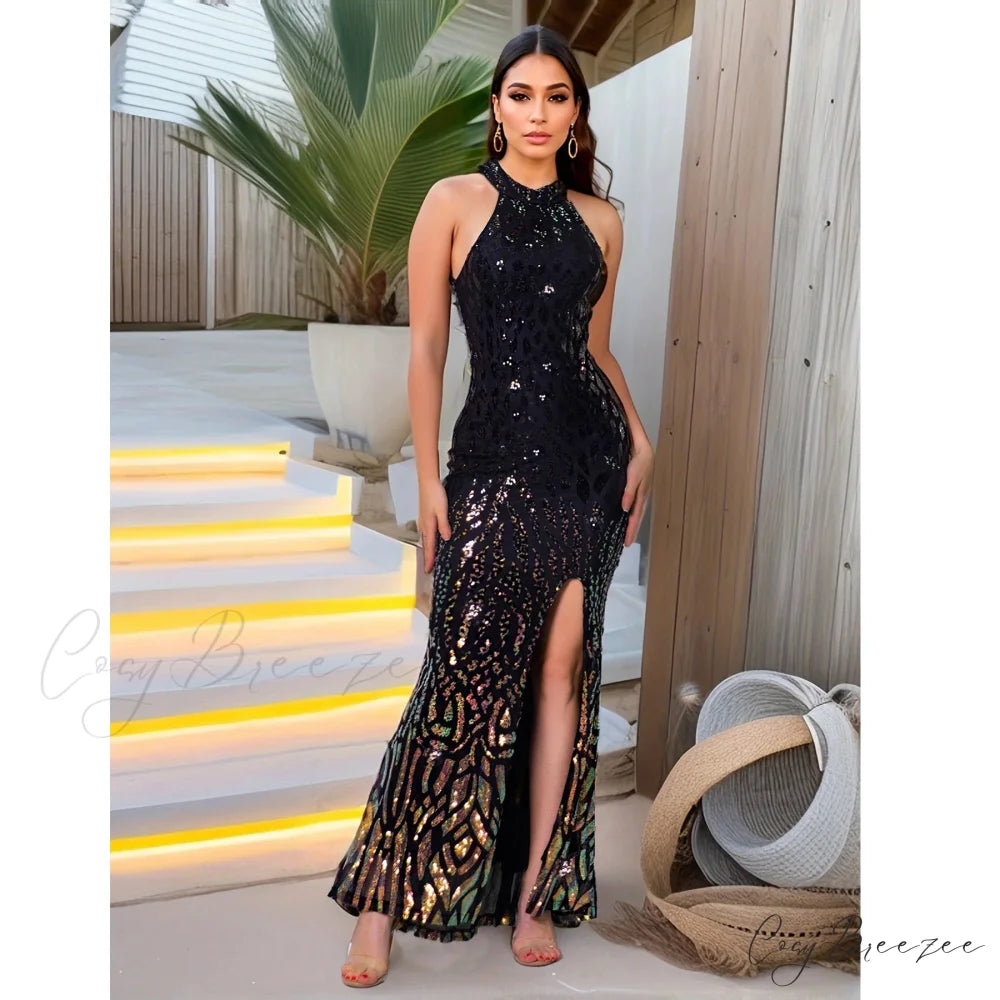 High Neck Sequin Front Slit Party Dress Black / S