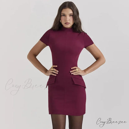 High Neck Short Charming Sleeve Solid Mini Dress