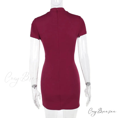 High Neck Short Charming Sleeve Solid Mini Dress