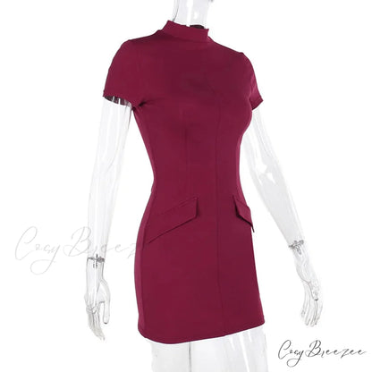 High Neck Short Charming Sleeve Solid Mini Dress