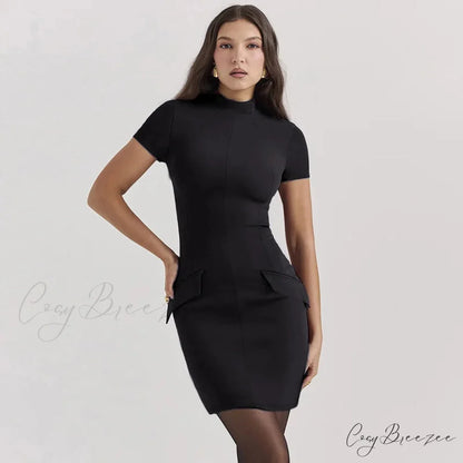 High Neck Short Charming Sleeve Solid Mini Dress S / Black