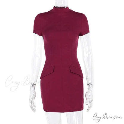 High Neck Short Charming Sleeve Solid Mini Dress S / Wine