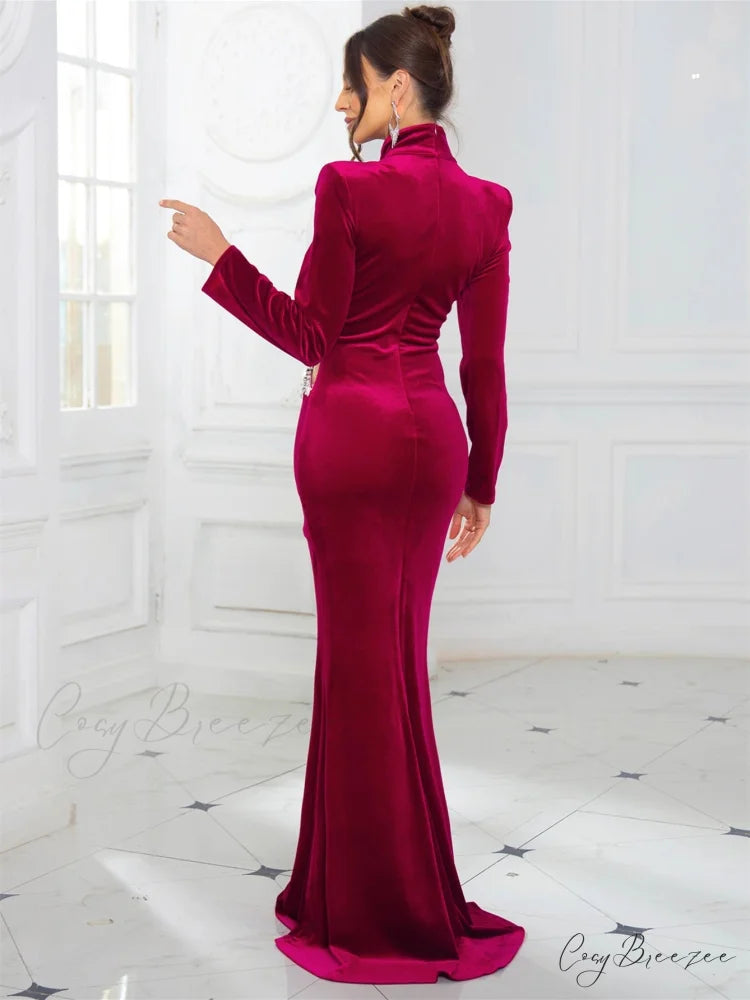 High Neck Velvet Rhinestone Maxi Party Dress