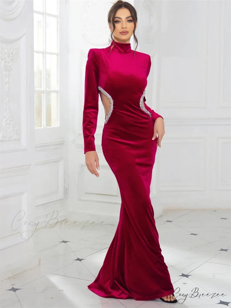 High Neck Velvet Rhinestone Maxi Party Dress Burgundy / S