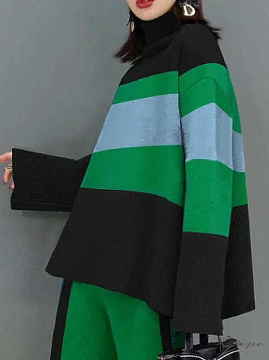 High Neck Vintage Flared Sleeves Sweater Green Tops / S swraters-241228