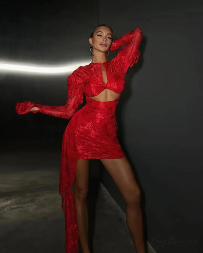 High Quality Sexy Lace Elegant Bodycon Mini Christmas Party Dress Red / XS
