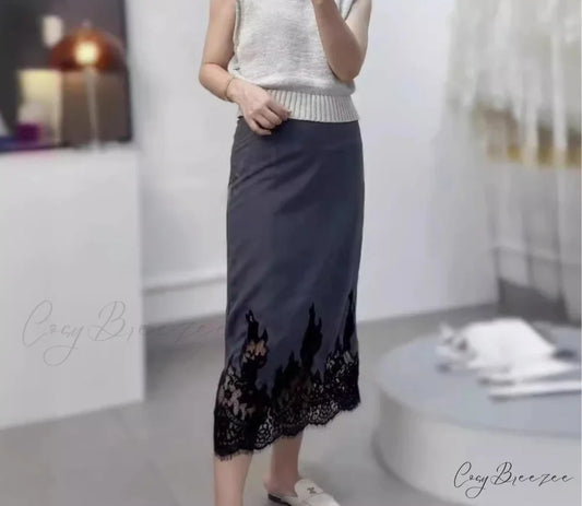 High-Quality Skirt with Lace Unique Design for Office Ladies Grey / M skirt-250126