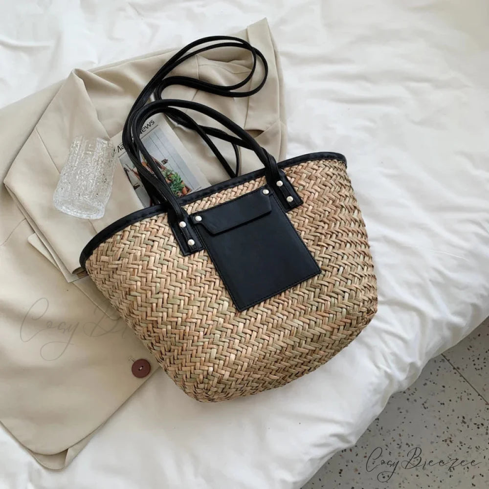 High Quality Straw Summer Beach Tote Handbag Black / 40X13X25CM handbag-250126