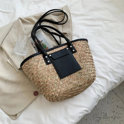High Quality Straw Summer Beach Tote Handbag Black / 40X13X25CM handbag-250126