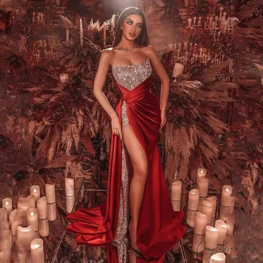 High Slit Floral Glitter Formal Dress red / S promdress-250223