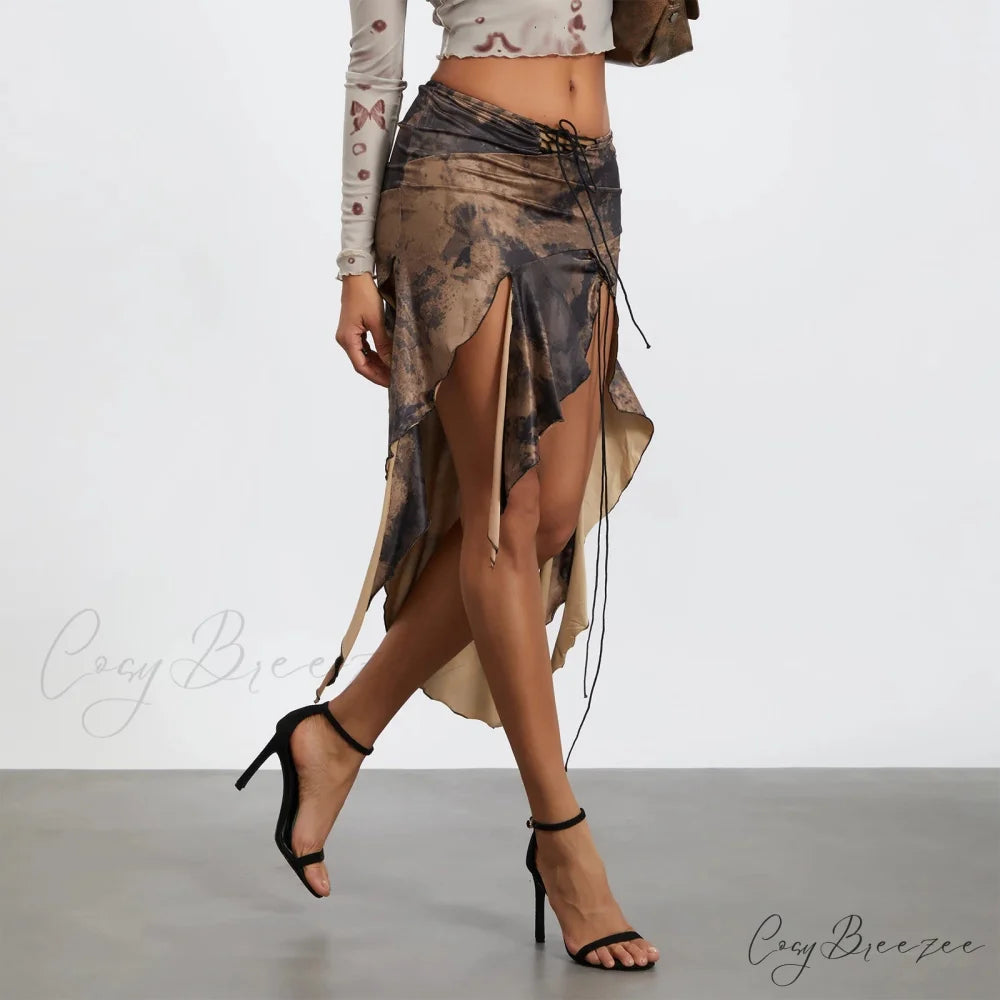 High Slit Retro Print Skirt skirts-250223