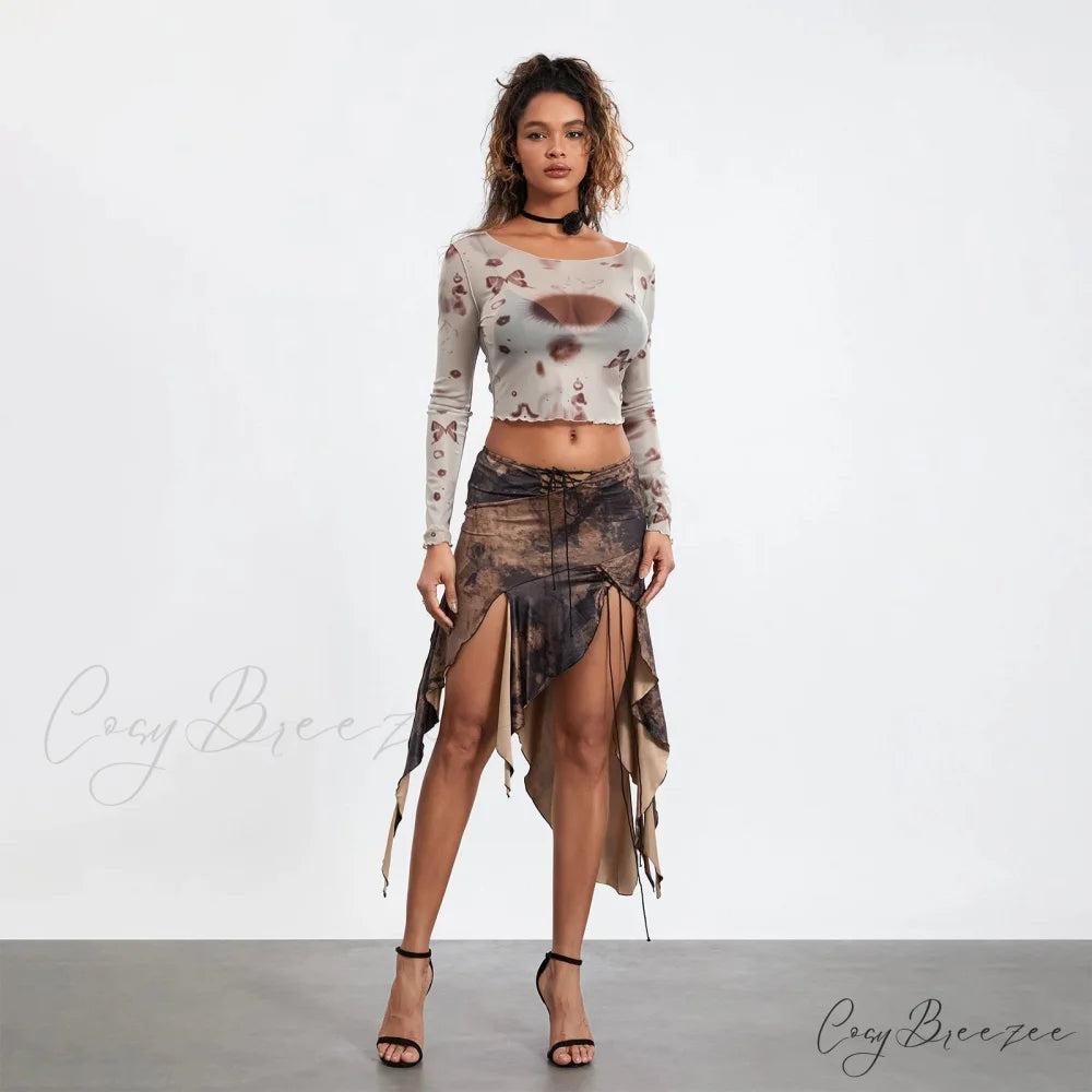 High Slit Retro Print Skirt skirts-250223