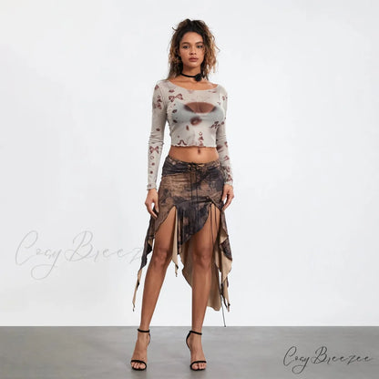 High Slit Retro Print Skirt skirts-250223