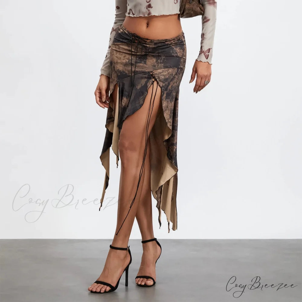 High Slit Retro Print Skirt skirts-250223